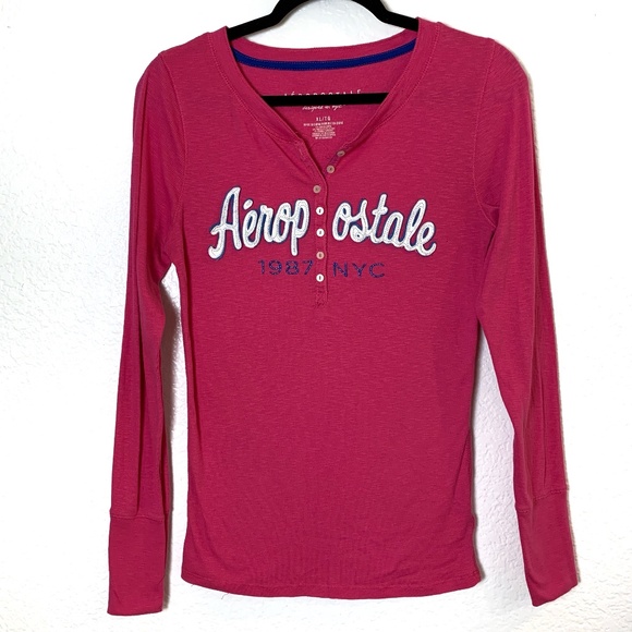 Aeropostale Womens Y2K Fitted Henley Top Size XL Pink 1987 NYC Spellout Preppy - Picture 1 of 11